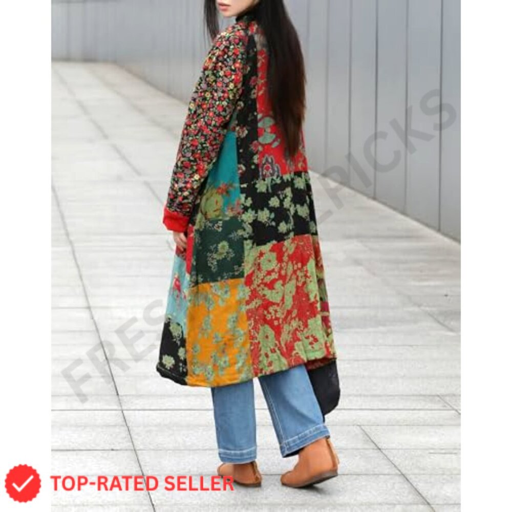 Cotton Linen Patchwork Long Jacket Oversized Cott… - image 4